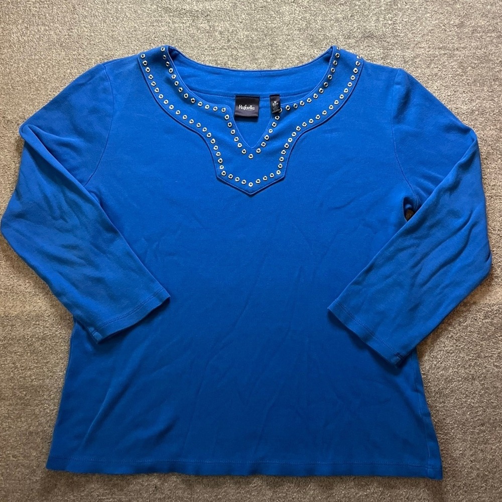 Rafaella Blue Cotton Ribbed Top 3/4 Sleeve Grommet Neck RSKF7015 Mens S